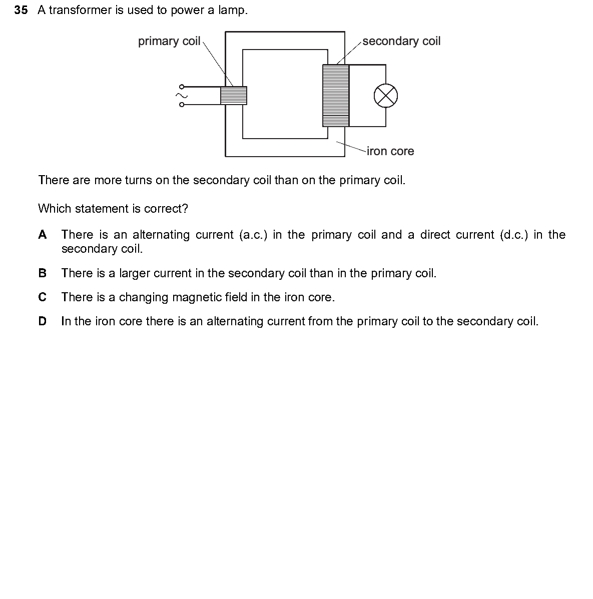 Question 35, including diagrams and options A–D. Text version below.